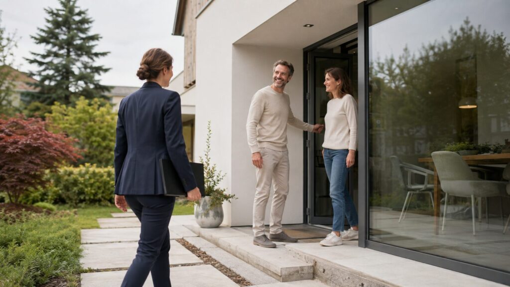 Immobilienmakler begleitet Eigentümer beim Hausverkauf in Geroldswil vor moderner Wohnimmobilie.
