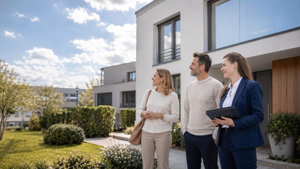 Immobilienmaklerin berät Eigentümer beim Hausverkauf in Wallisellen vor moderner Wohnimmobilie.