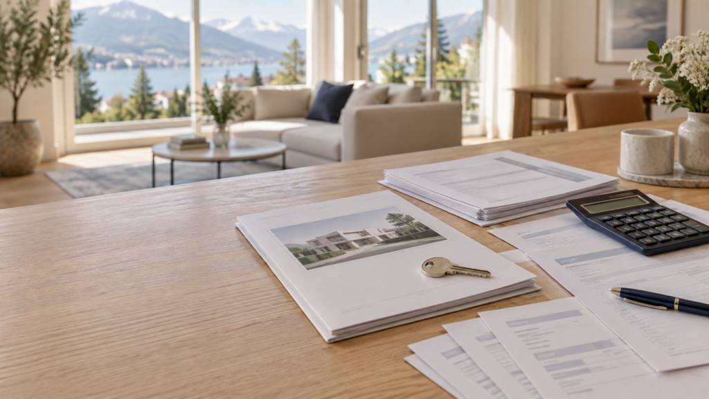 Steuerunterlagen und Immobilienschlüssel nach einem erfolgreichen Immobilienverkauf in der Schweiz.