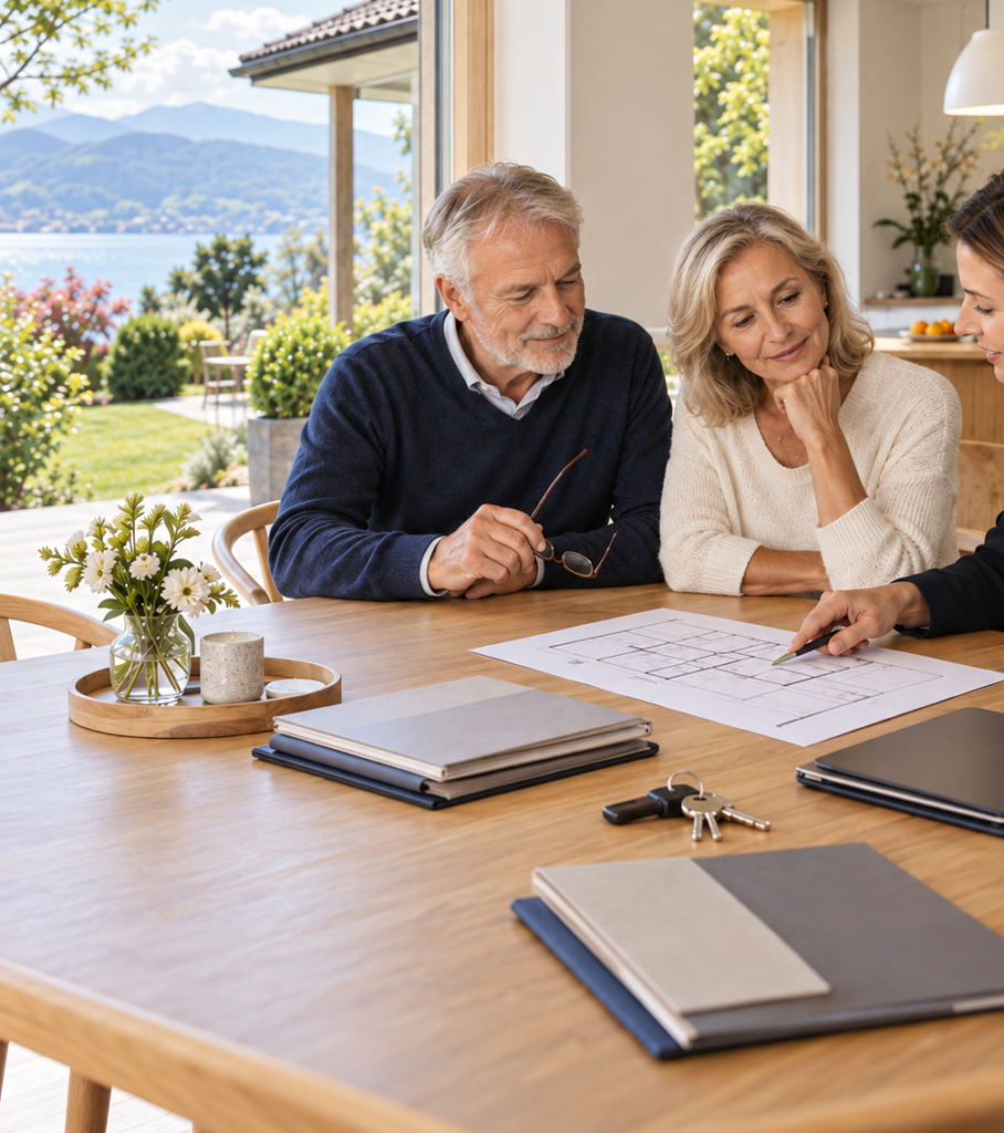 Immobilieneigentümer besprechen Vorsorgeauftrag und Erbvertrag mit Fachperson in der Schweiz.